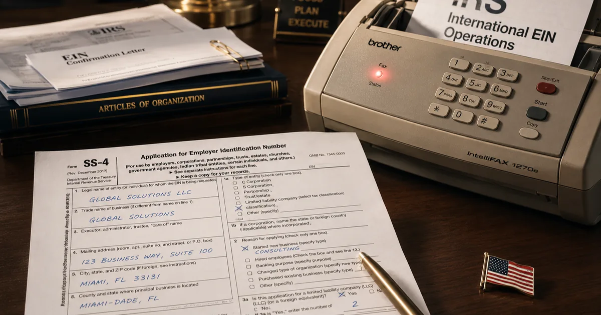 Заполненная форма IRS Form SS-4, факс с горящим индикатором и распечатка с международным номером IRS — иллюстрация подачи EIN