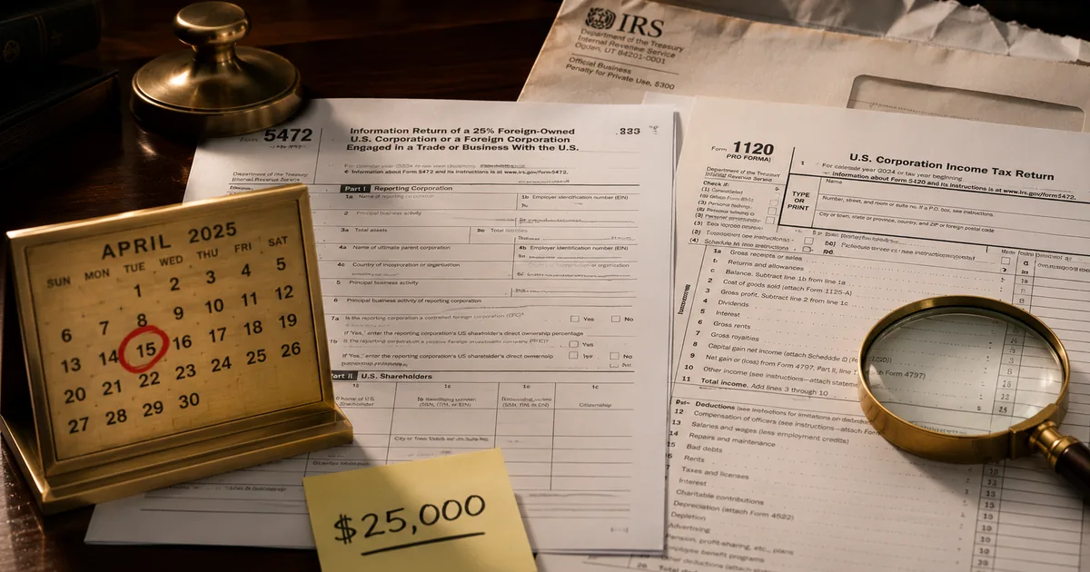 IRS Form 5472, pro forma 1120, календарь 15 апреля и стикер $25,000 — дедлайн и штраф