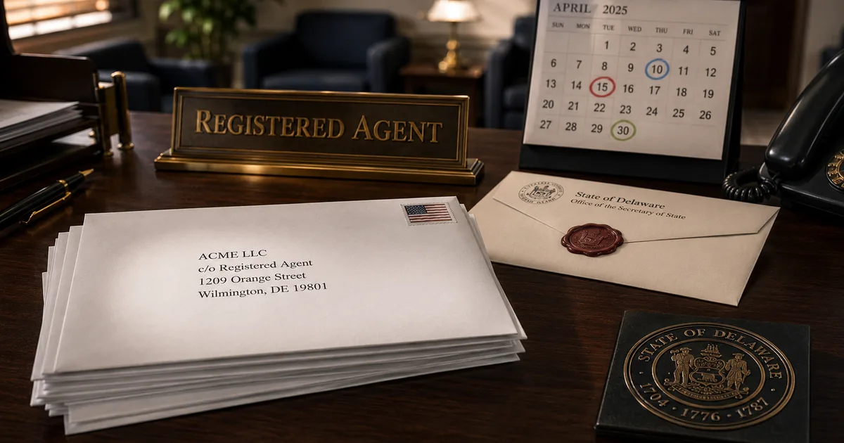 Офисный почтовый стол с конвертами на имя LLC и табличкой Registered Agent — посредник между штатом и компанией