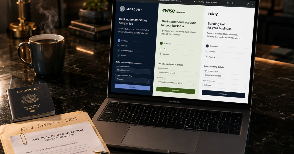 Ноутбук с сайтами Mercury, Wise и Relay, рядом паспорт и документы — подготовка пакета на банковский KYC